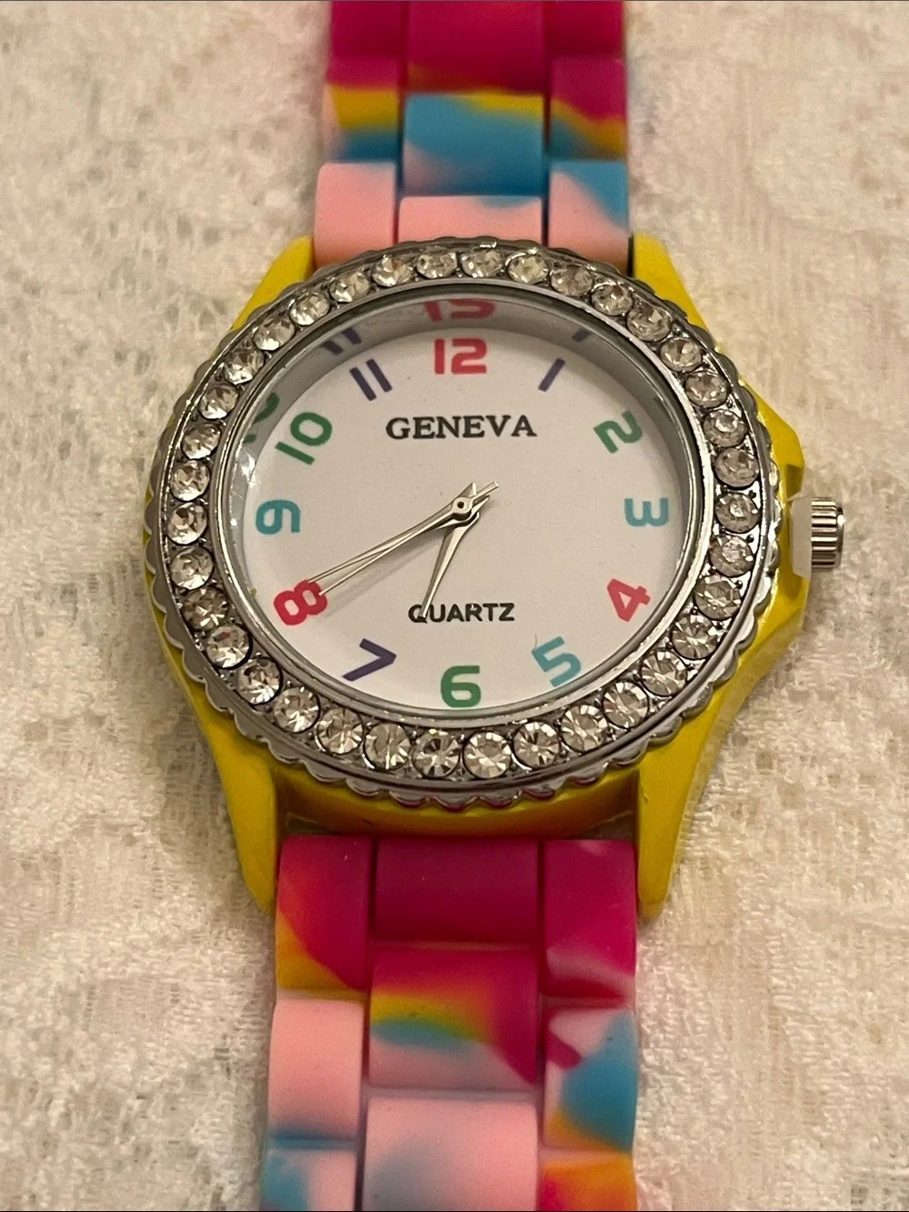 Geneva Yellow Case Watch with Multicolor Rainbow Numbers and Silicone Band